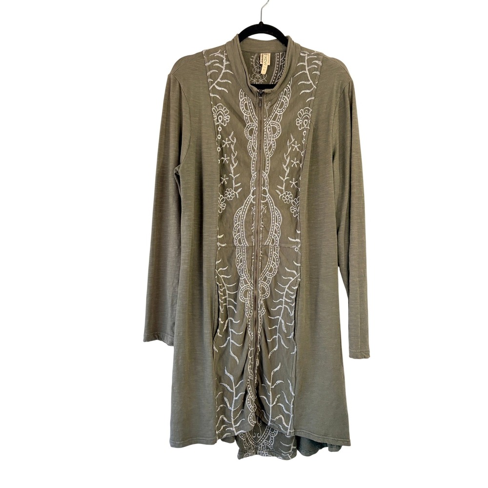 XCVI WEARABLES Olive Green Embroidered Zip Front Duster Cardigan Jacket L Boho